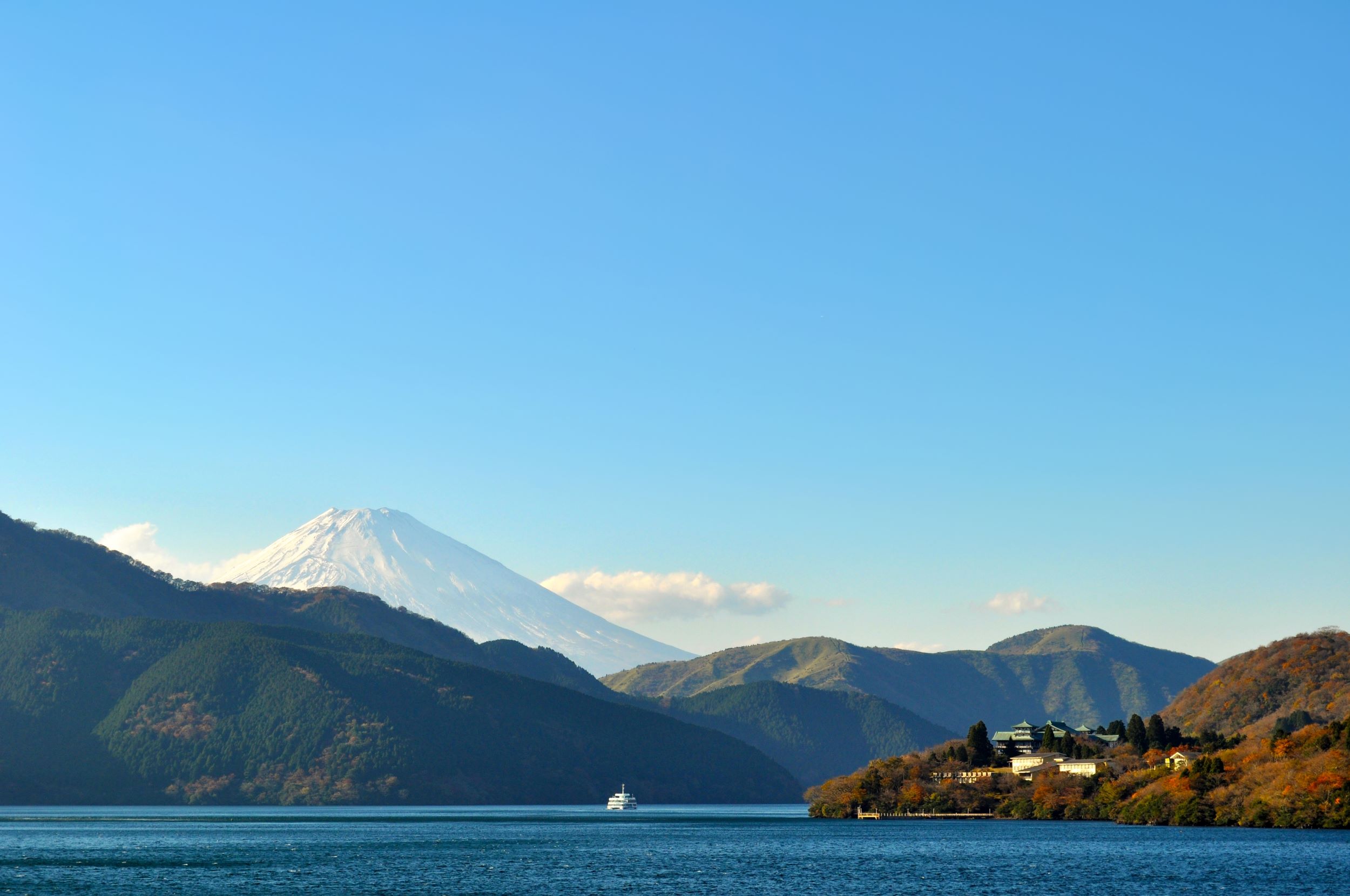 Lake Ashinoko Hakone Shrine With Mount Fuji In The Background