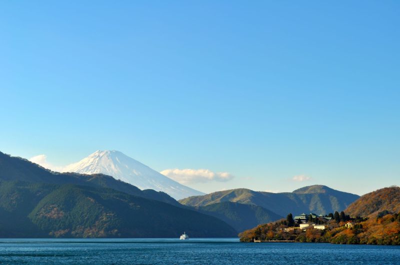 Lake Ashinoko Hakone Shrine With Mount Fuji In The Background
