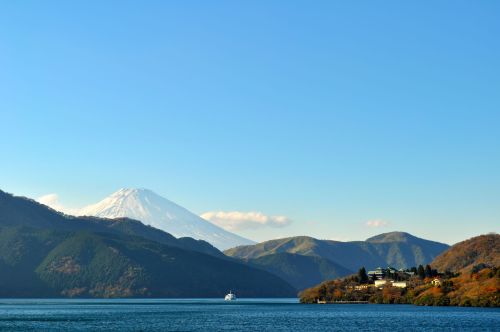 Lake Ashinoko Hakone Shrine With Mount Fuji In The Background