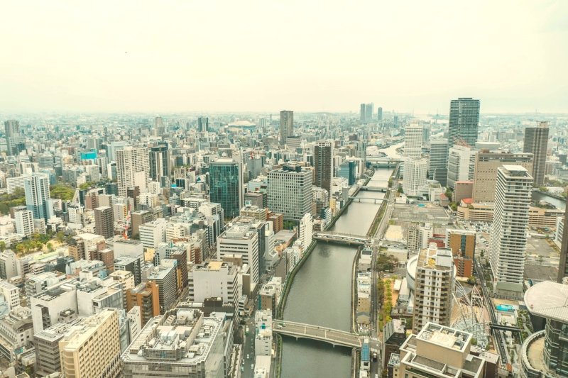 Osaka Sunny Skyline Yodo River Skyscraper Buildings