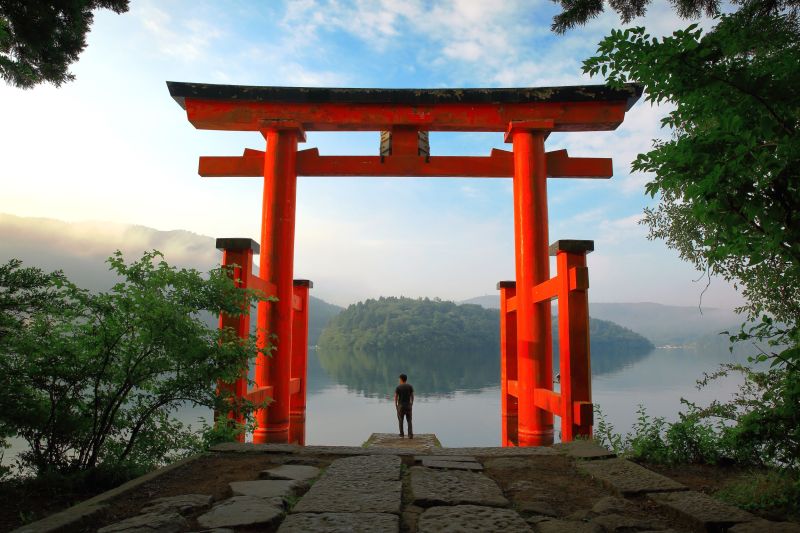 Red Torii Gate Of Hakone Shrine On Lake Ashi