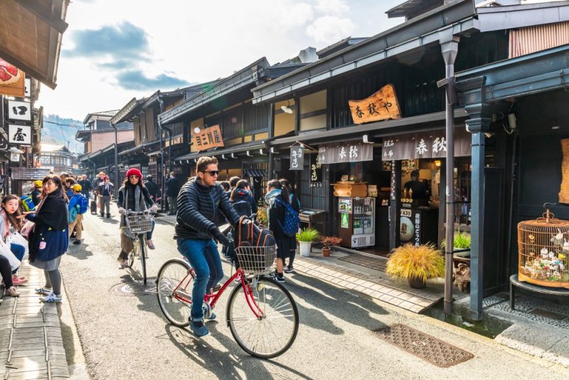 Old Town Street In Takayama With Man On Bike